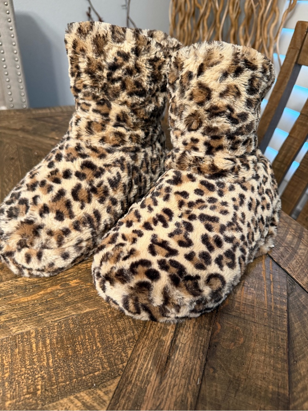 Leopard Print Plush Slipper Warmer Boots - Battery Operated